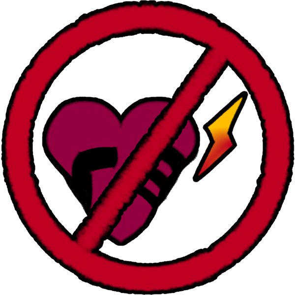 a stylized magenta heart with a bold black hand gripping it in the design, accompanied by a lightning bolt in shades of red and yellow the whole image is inside a red circle with a line through it.